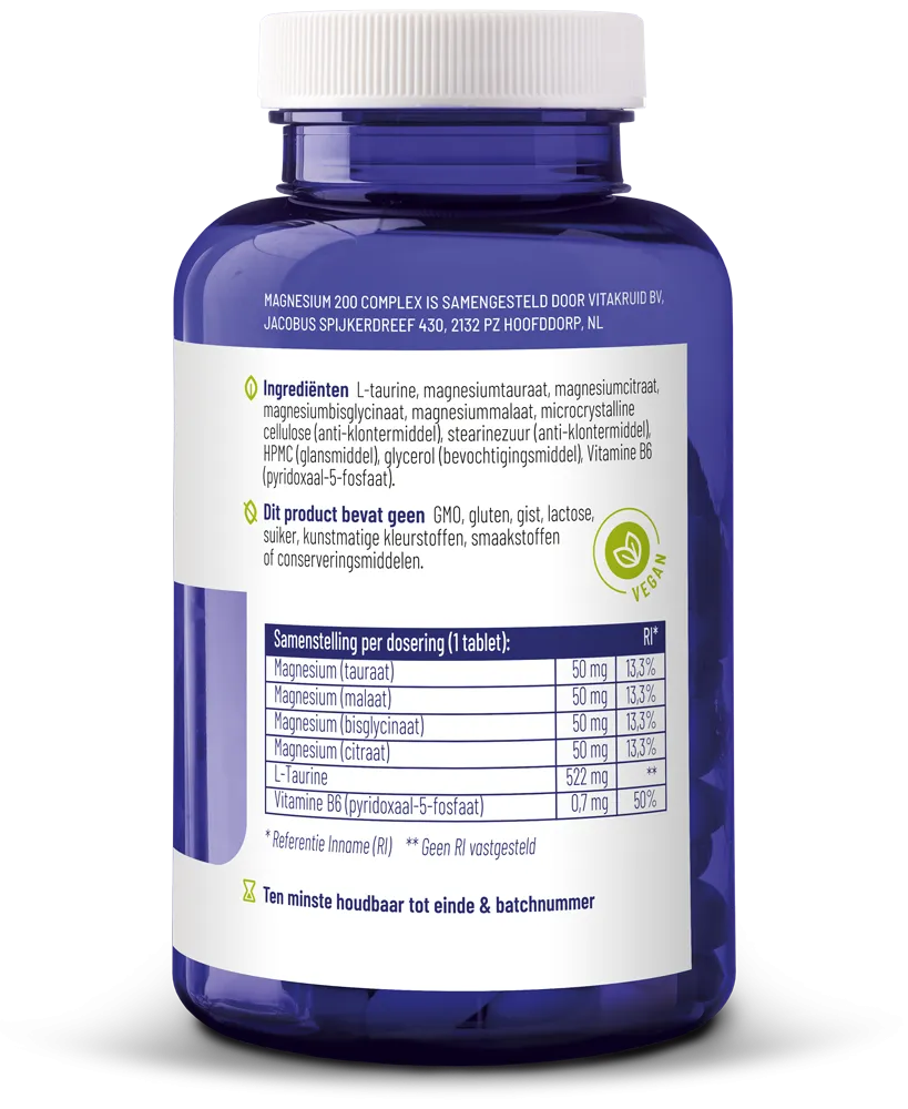 Vitakruid Magnesium 200 Complex Tauraat Malaat Bisglycinaat (90 tabletten) - image 2