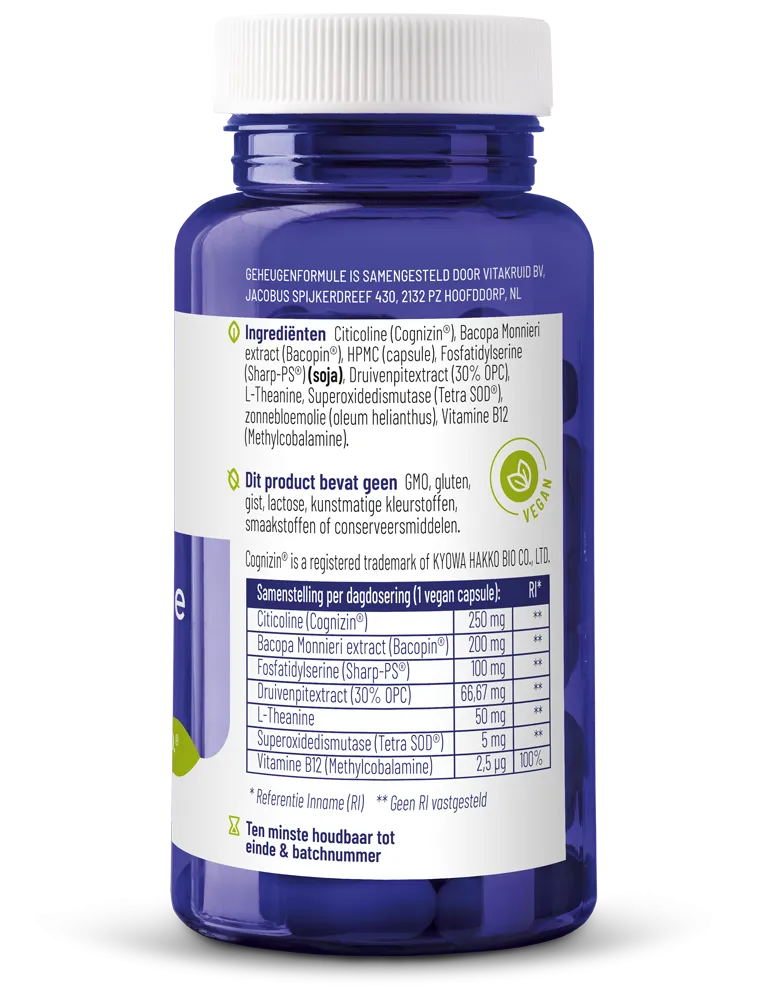Vitakruid Geheugenformule Oa Bacopa Monnieri Citicoline Opc (60 vega capsules) - image 2