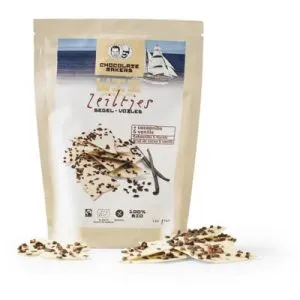 Chocolatemakers Bio chocozeiltjes wit vanille met cacaonibs bio (100 gr)