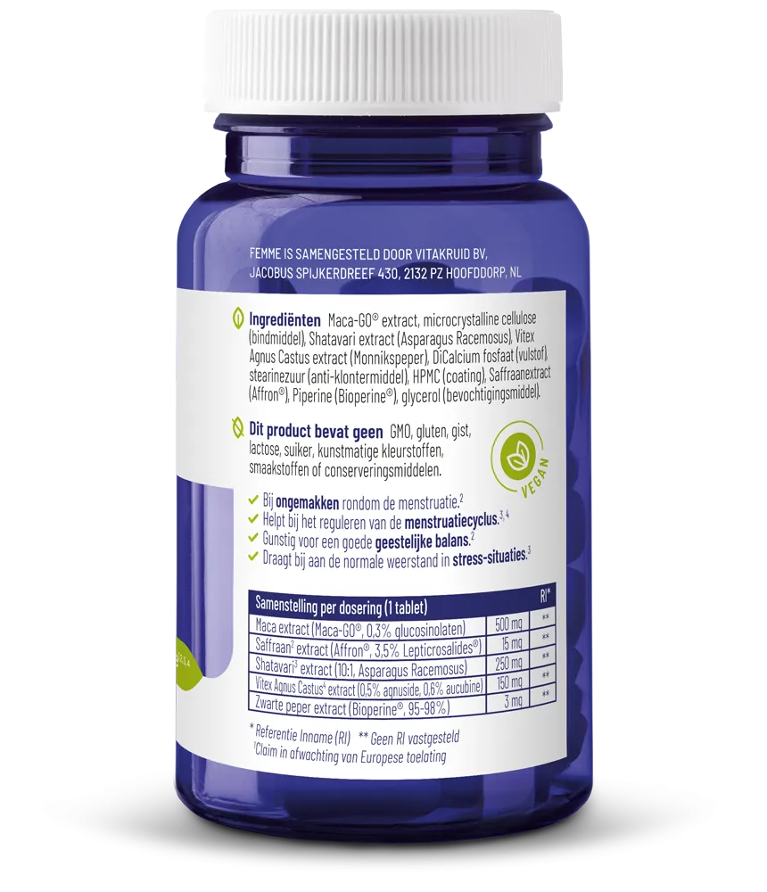 Vitakruid Femme Hormoon Support Oa Maca & Saffraan (60 tabletten) - image 2