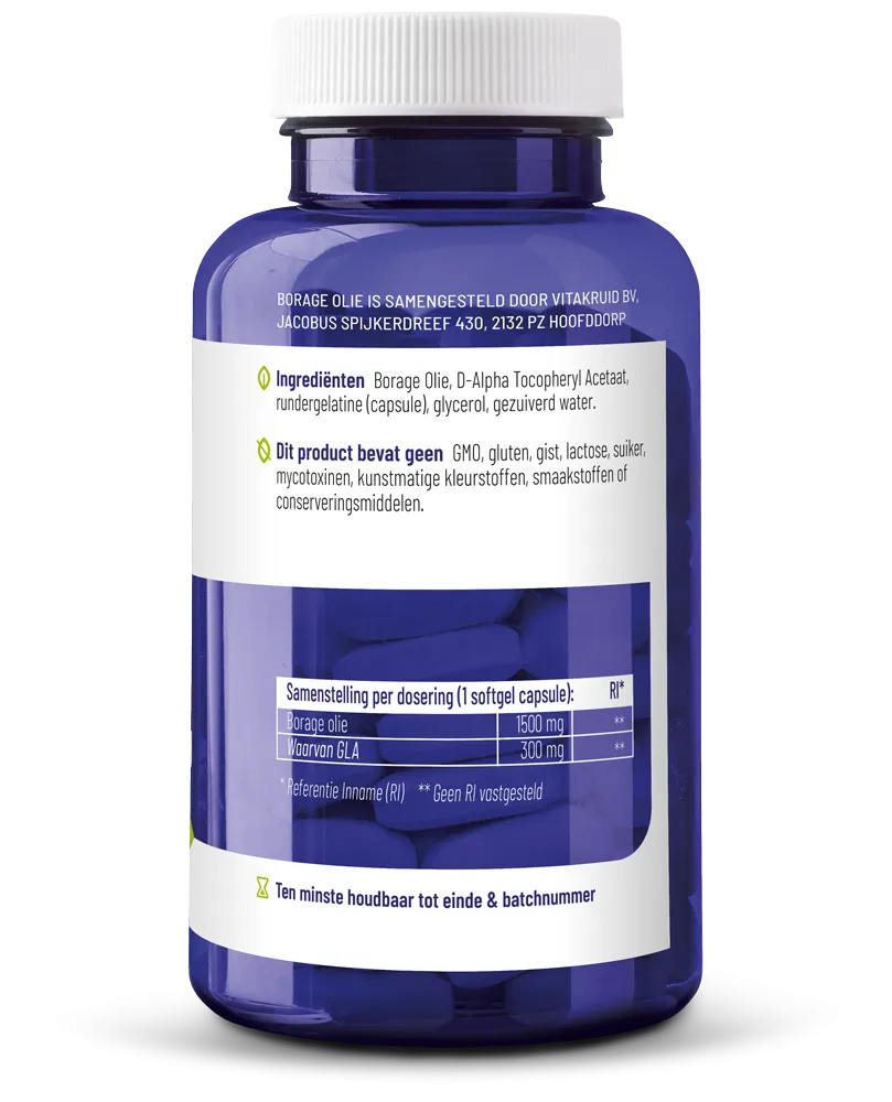 Vitakruid Borage Olie 1500Mg Gla 300Mg Uit Plantaardige Bron (60 softgels) - image 2