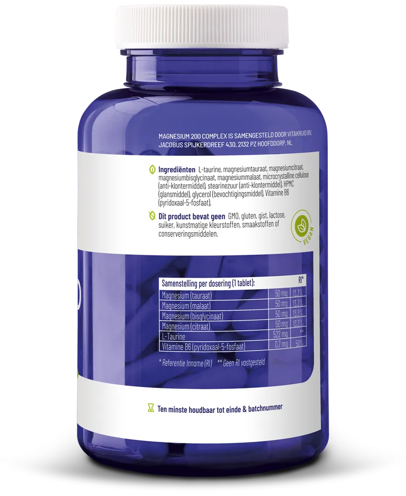 Vitakruid Magnesium 200 Complex Tauraat Malaat Bisglycinaat (180 tabletten) - image 2