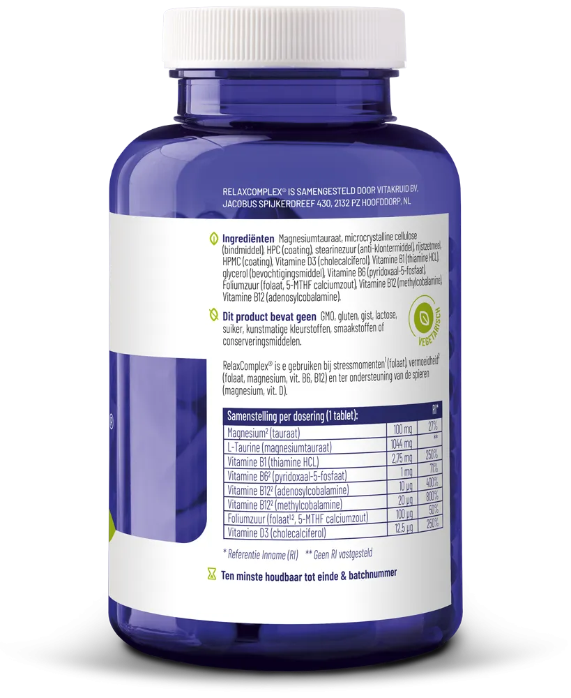 Vitakruid Relaxcomplex Oa Magnesium Tauraat & Vitamine D3 (180 tabletten) - image 2