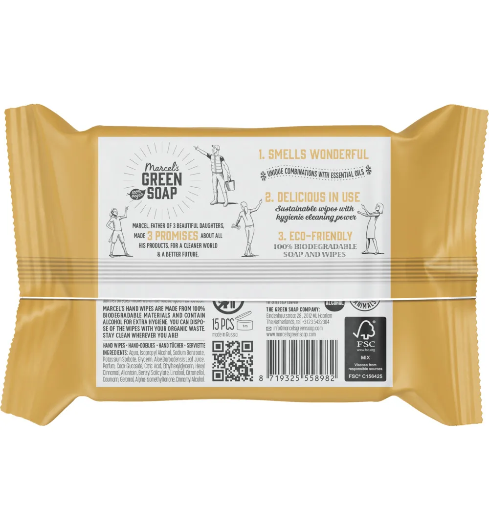 Marcel's Green Soap Hand wipes vanilla & cherry blossom bio (15 stuks)