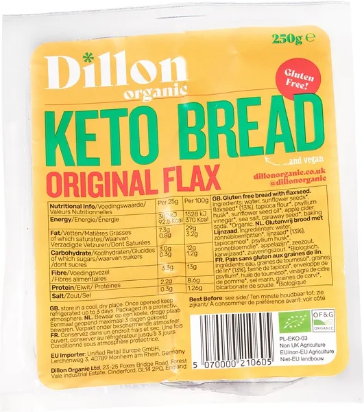 Dillon Organic Glutenvrij brood keto lijnzaad (250 gr)