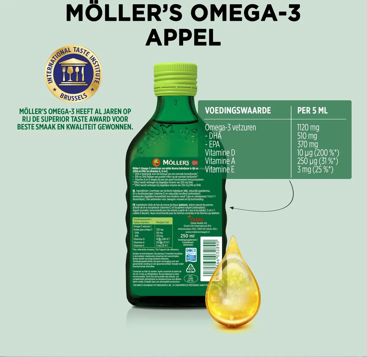 3x Mollers Omega-3 Levertraan Appel (250 ml) - image 2