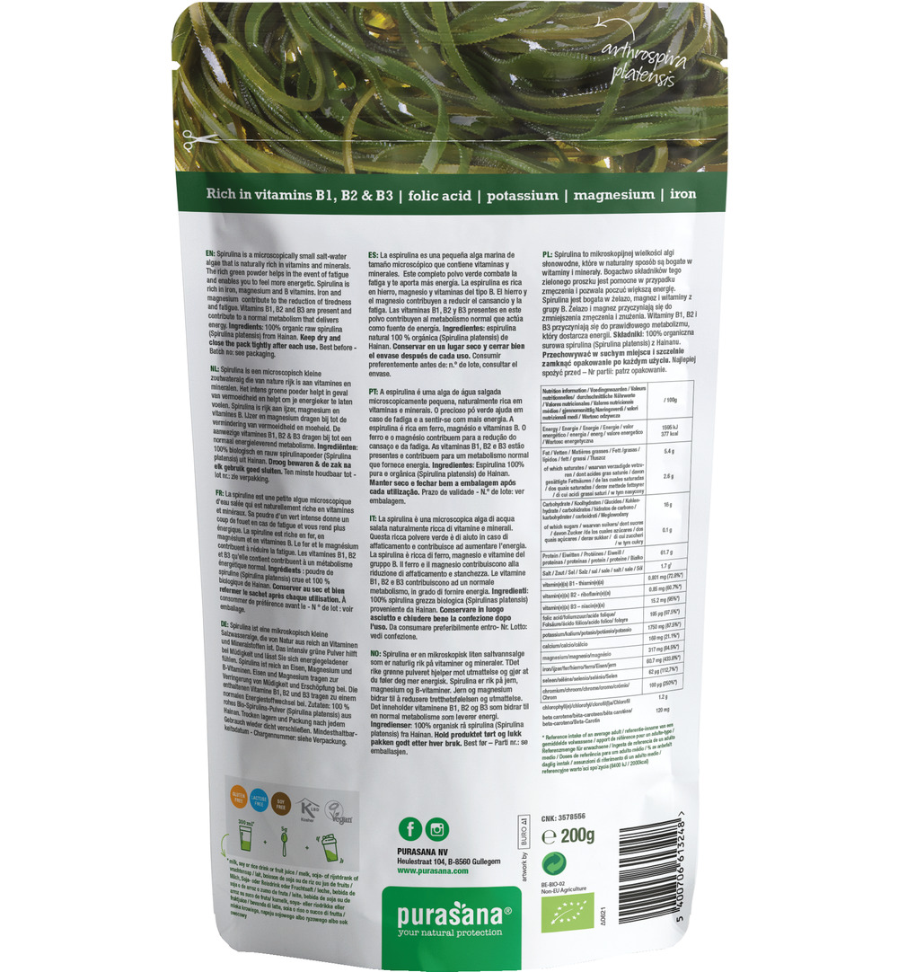 Purasana Spirulina Poeder/Poudre Spiruline Vegan Bio (200 gr)