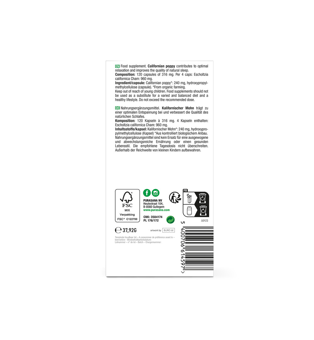 Purasana Slaapmutsje/Pavot De Californie Vegan Bio (120 vega capsules) - image 3