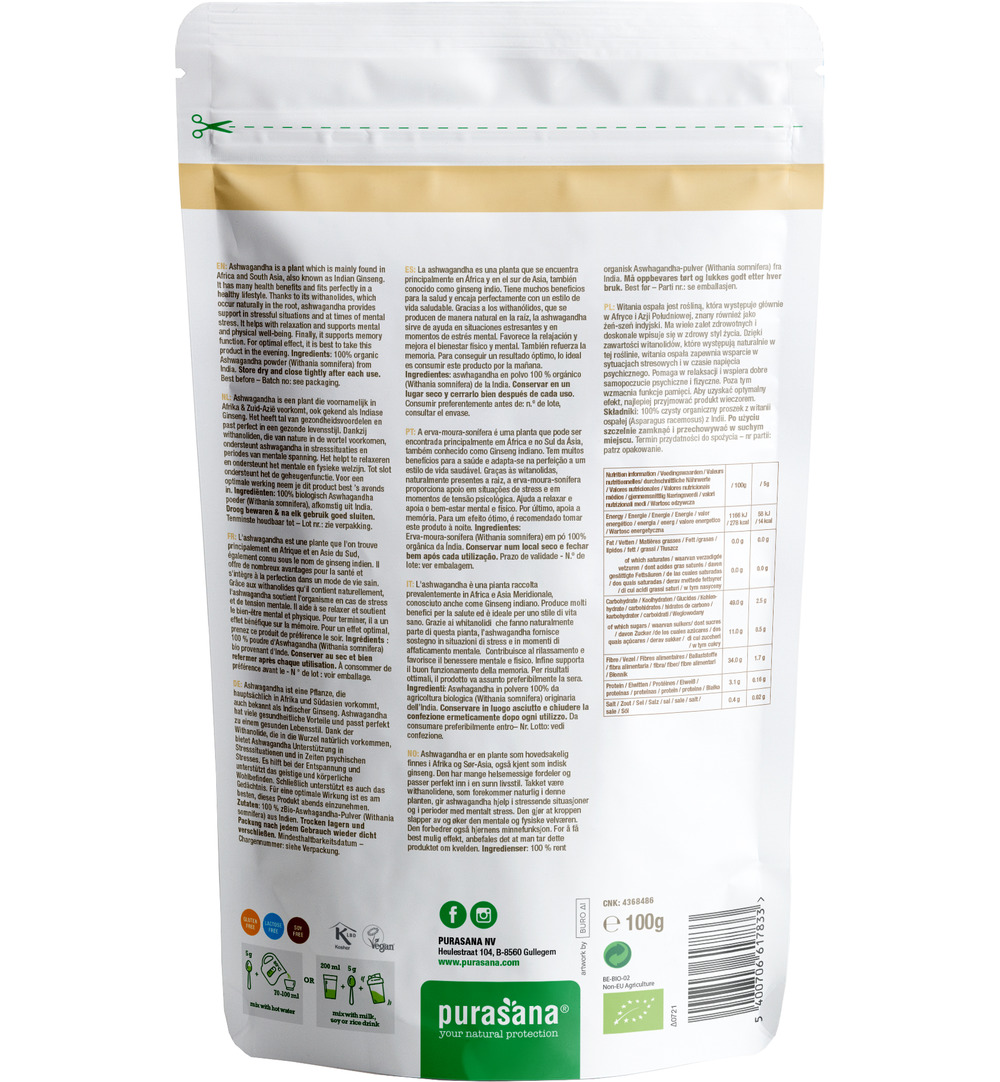 Purasana Ashwagandha Poeder - Vegan Bio (100 gr)