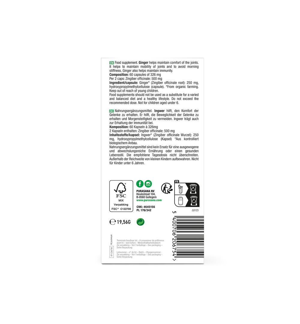Purasana Gember 250 mg BIO (60 vega capsules) - image 3