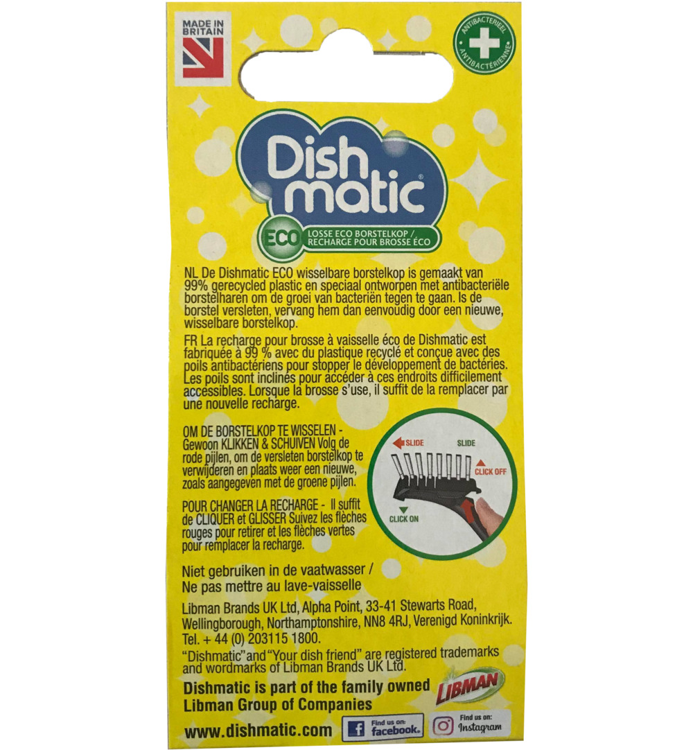 Dishmatic Eco Afwasborstelkop Van 99% Gerecyled Plastic En Borstelhare (1 stuk)
