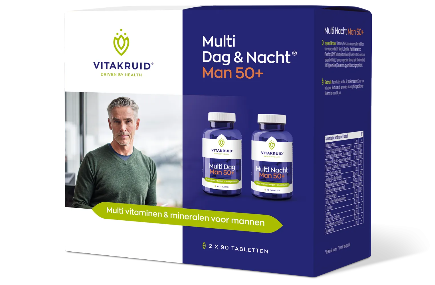 Vitakruid Multi Dag & Nacht Man 50+ 100% Vegan (2 X 90 tabletten)