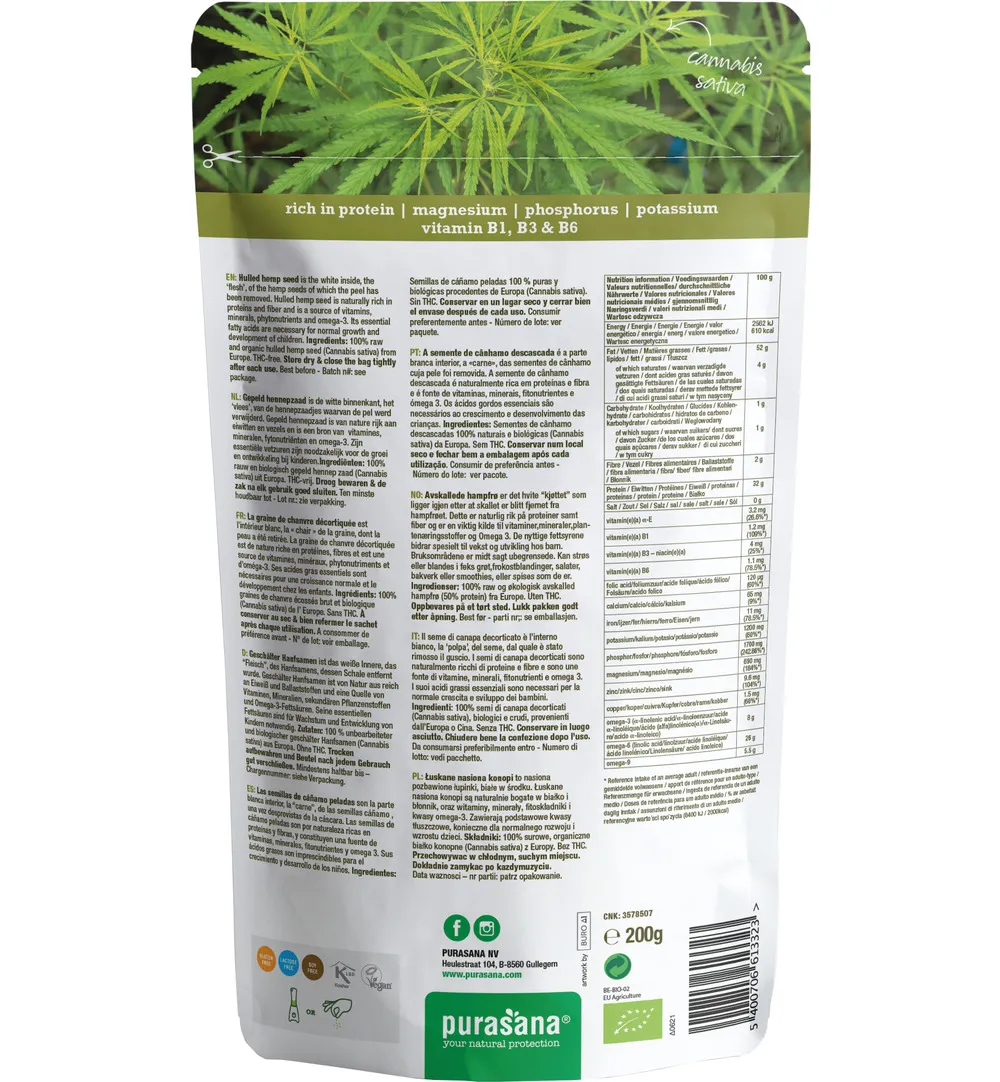 Purasana Gepeld Hennepzaad Hulled Hemp Seeds Bio (200 gr)