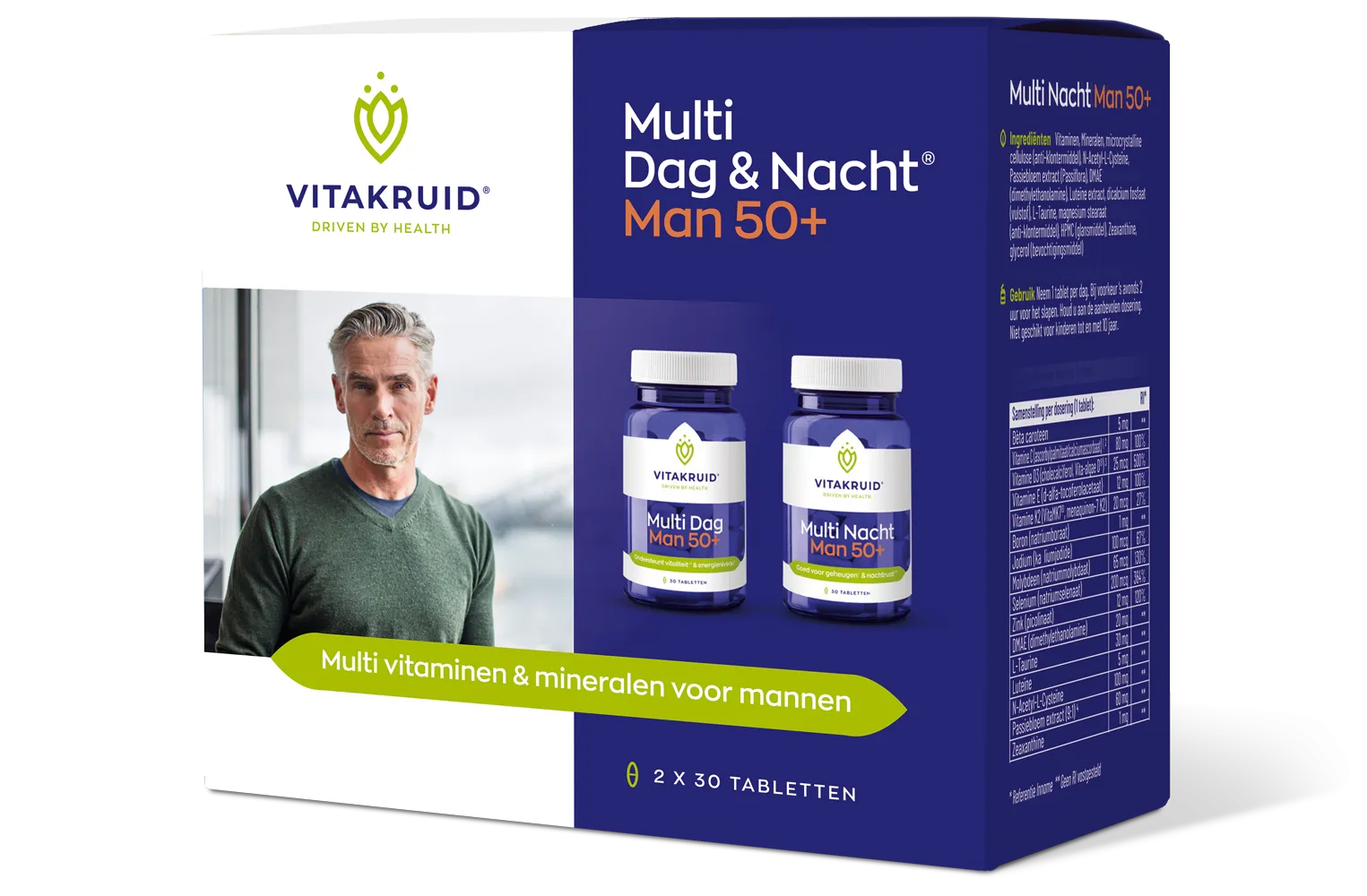 Vitakruid Multi Dag & Nacht Man 50+ 100% Vegan (2 X 30 tabletten)