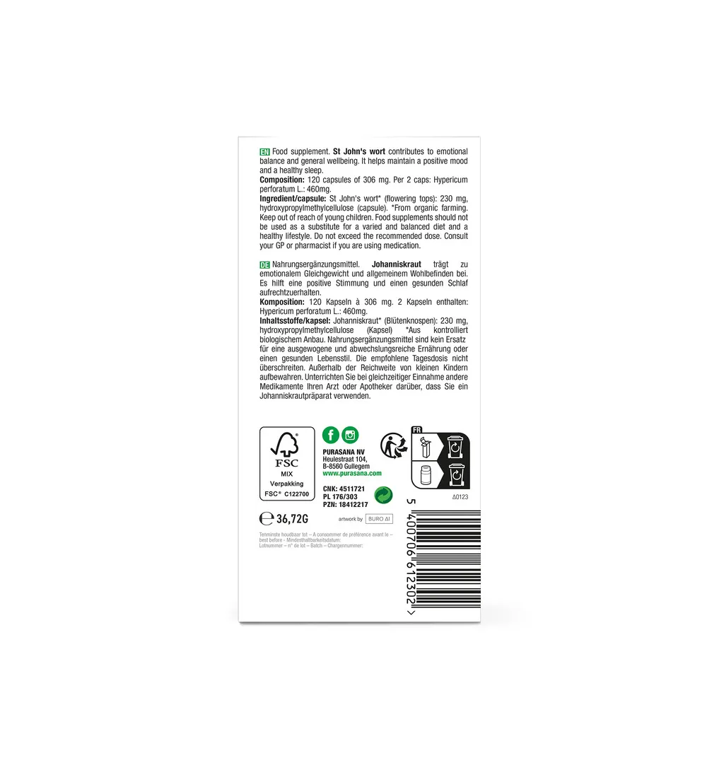 Purasana Sint Janskruid Millepertuis Vegan Bio (120 vega capsules) - image 3