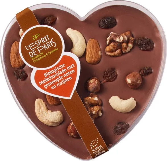 L'esprit De Paris Chocolade Hart Melk met Gemengde Noten en Rozijnen (125 gr)