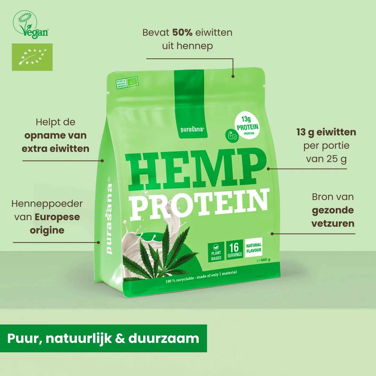Purasana Plant Protein Hennep Natuurlijk Bio (400 gr) - image 2